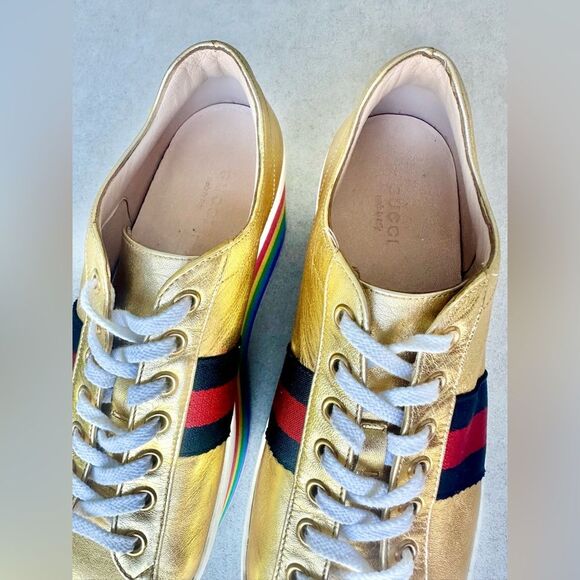 Gucci Peggy Rainbow Platform Sneakers EU 38 US 8 Gold Lace Up Slatform Shoes - Picture 11 of 16